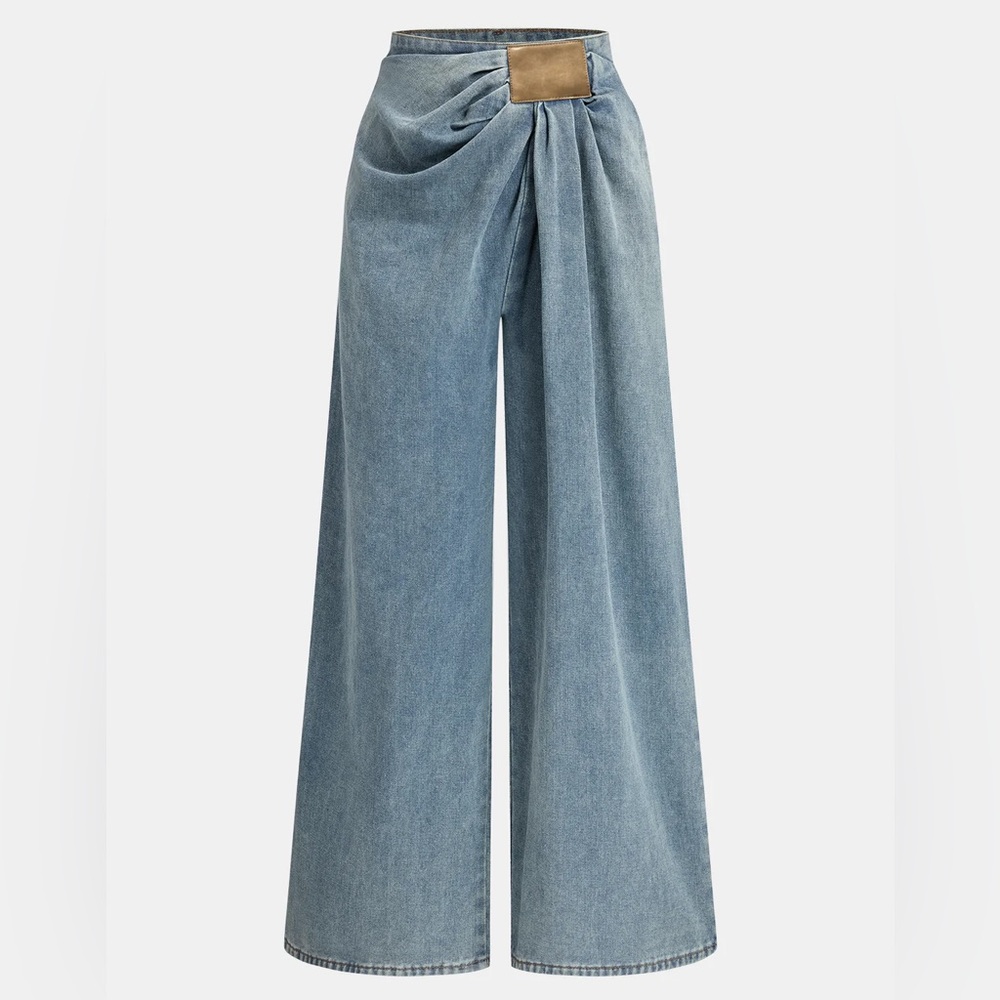 63 Commense Asymmetrical Ruched Denim Wide-Leg Pants - Picture 1 of 4